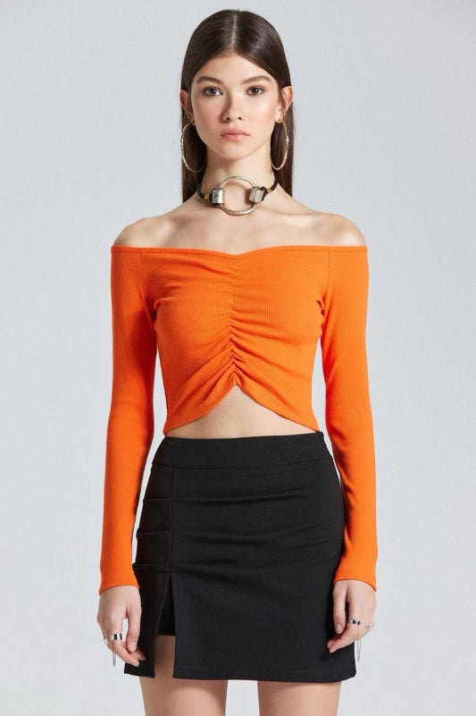 Schulterfreies Crop Top mit Langen Ärmeln Orange