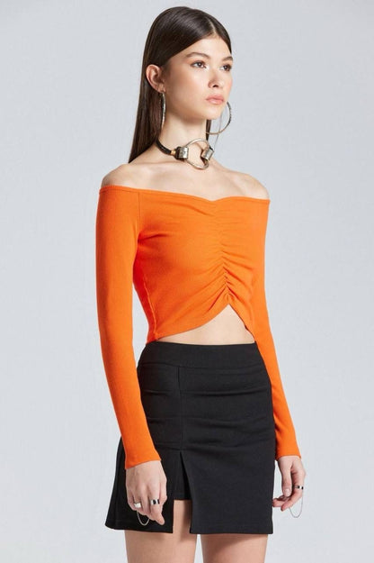 Schulterfreies Crop Top mit Langen Ärmeln Orange